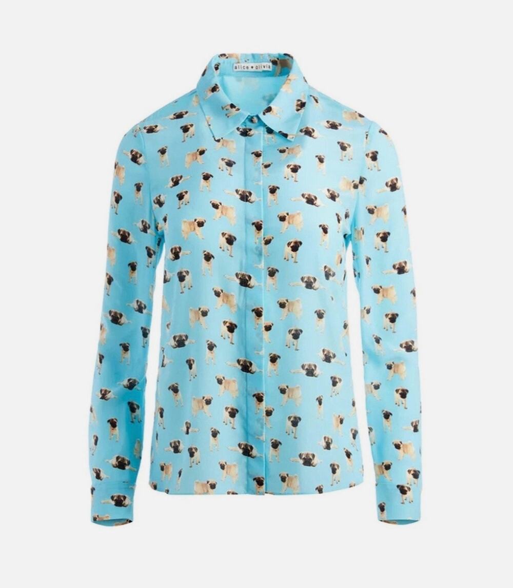 Alice + Olivia Willa Silk Blouse Pug Print, Novelty, Collector Statement, XL